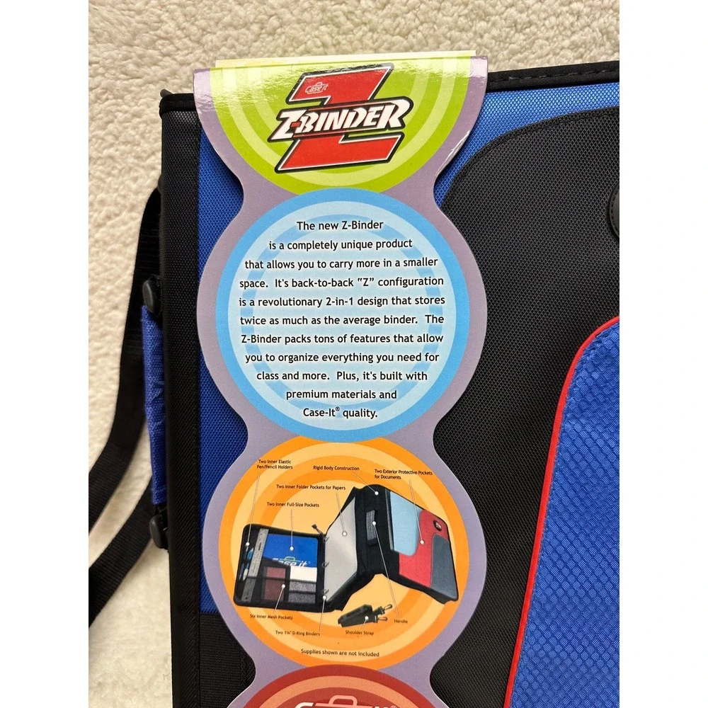 Case-it Z-Binder Blue Black 2-in-1 Zippered 1.5 Inch D-Ring Binder with Strap